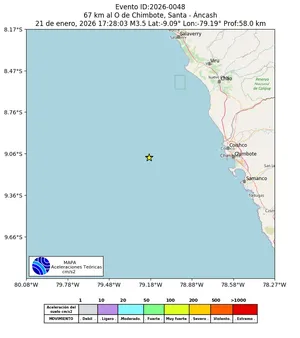 Mapa de aceleración teórica del sismo de magnitud 3.5 a 67 km al O de Chimbote, Santa - Áncash, Perú