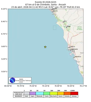 Mapa de aceleración teórica del sismo de magnitud 3.5 a 67 km al O de Chimbote, Santa - Áncash, Perú
