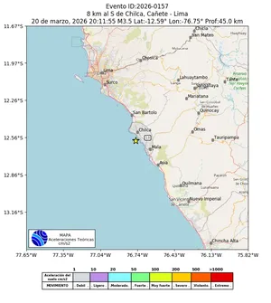 Mapa de aceleración teórica del sismo de magnitud 3.5 a 8 km al S de Chilca, Cañete - Lima, Perú