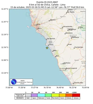 Mapa de aceleración teórica del sismo de magnitud 3.5 a 8 km al SO de Chilca, Cañete - Lima, Perú