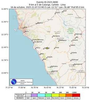 Mapa de aceleración teórica del sismo de magnitud 3.5 a 9 km al E de Calango, Cañete - Lima, Perú