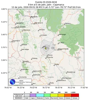 Mapa de aceleración teórica del sismo de magnitud 3.5 a 9 km al E de Jaén, Jaén - Cajamarca, Perú