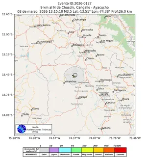 Mapa de aceleración teórica del sismo de magnitud 3.5 a 9 km al N de Chuschi, Cangallo - Ayacucho, Perú