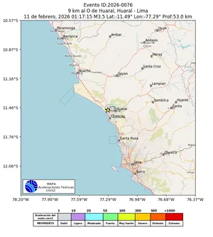 Mapa de aceleración teórica del sismo de magnitud 3.5 a 9 km al O de Huaral, Huaral - Lima, Perú