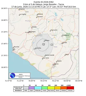Mapa de aceleración teórica del sismo de magnitud 3.5 a 9 km al S de Ilabaya, Jorge Basadre - Tacna, Perú