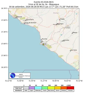 Mapa de aceleración teórica del sismo de magnitud 3.5 a 9 km al SE de Ilo, Ilo - Moquegua, Perú