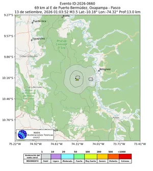 Mapa de aceleración teórica del sismo de magnitud 3.5 a 69 km al E de Puerto Bermúdez, Oxapampa - Pasco, Perú