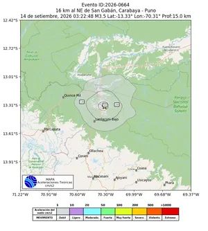 Mapa de aceleración teórica del sismo de magnitud 3.5 a 16 km al NE de San Gabán, Carabaya - Puno, Perú