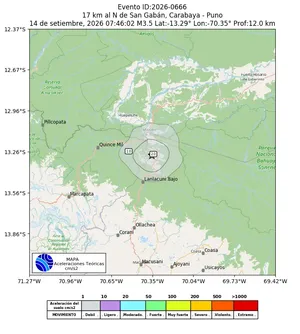 Mapa de aceleración teórica del sismo de magnitud 3.5 a 17 km al N de San Gabán, Carabaya - Puno, Perú