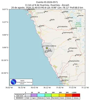 Mapa de aceleración teórica del sismo de magnitud 3.6 a 11 km al N de Huarmey, Huarmey - Áncash, Perú