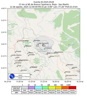 Mapa de aceleración teórica del sismo de magnitud 3.6 a 11 km al NE de Nueva Cajamarca, Rioja - San Martin, Perú