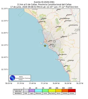 Mapa de aceleración teórica del sismo de magnitud 3.6 a 11 km al S de Callao, Provincia Constitucional del Callao, Perú