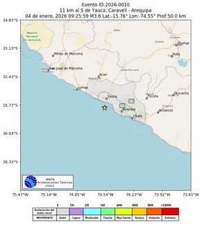 Mapa de aceleración teórica del sismo de magnitud 3.6 a 11 km al S de Yauca, Caravelí - Arequipa, Perú