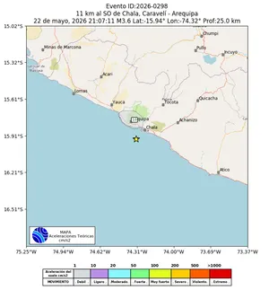 Mapa de aceleración teórica del sismo de magnitud 3.6 a 11 km al SO de Chala, Caravelí - Arequipa, Perú