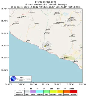 Mapa de aceleración teórica del sismo de magnitud 3.6 a 12 km al NO de Ocoña, Camaná - Arequipa, Perú