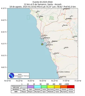 Mapa de aceleración teórica del sismo de magnitud 3.6 a 12 km al O de Samanco, Santa - Ancash, Perú