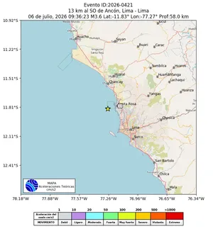 Mapa de aceleración teórica del sismo de magnitud 3.6 a 13 km al SO de Ancón, Lima - Lima, Perú