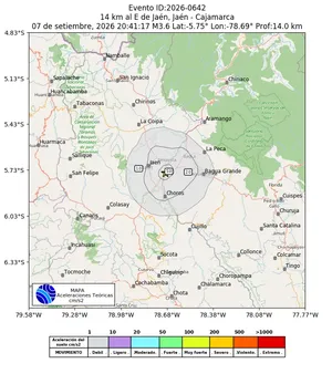 Mapa de aceleración teórica del sismo de magnitud 3.6 a 14 km al E de Jaén, Jaén - Cajamarca, Perú