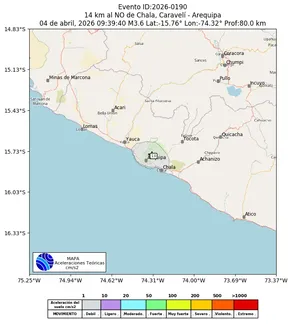 Mapa de aceleración teórica del sismo de magnitud 3.6 a 14 km al NO de Chala, Caravelí - Arequipa, Perú