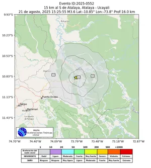 Mapa de aceleración teórica del sismo de magnitud 3.6 a 15 km al S de Atalaya, Atalaya - Ucayali, Perú