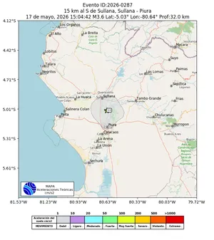 Mapa de aceleración teórica del sismo de magnitud 3.6 a 15 km al S de Sullana, Sullana - Piura, Perú