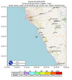 Mapa de aceleración teórica del sismo de magnitud 3.6 a 15 km al SO de Chilca, Cañete - Lima, Perú