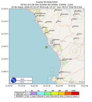 Mapa de aceleración teórica del sismo de magnitud 3.6 a 16 km al O de San Vicente de Cañete, Cañete - Lima, Perú
