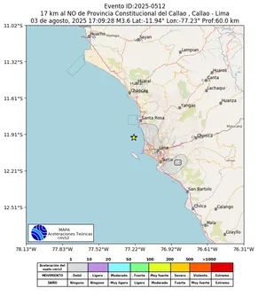Mapa de aceleración teórica del sismo de magnitud 3.6 a 17 km al NO de Provincia Constitucional del Callao , Callao - Lima, Perú
