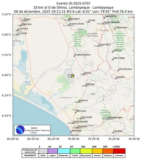 Mapa de aceleración teórica del sismo de magnitud 3.6 a 18 km al O de Olmos, Lambayeque - Lambayeque, Perú