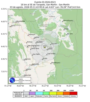Mapa de aceleración teórica del sismo de magnitud 3.6 a 18 km al SE de Tarapoto, San Martín - San Martín, Perú