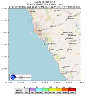 Mapa de aceleración teórica del sismo de magnitud 3.6 a 19 km al NO de Chilca, Cañete - Lima, Perú