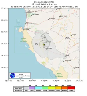 Mapa de aceleración teórica del sismo de magnitud 3.6 a 19 km al S de Ica, Ica - Ica, Perú