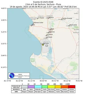 Mapa de aceleración teórica del sismo de magnitud 3.6 a 2 km al S de Sechura, Sechura - Piura, Perú