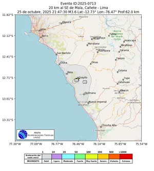 Mapa de aceleración teórica del sismo de magnitud 3.6 a 20 km al SE de Mala, Cañete - Lima, Perú