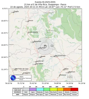 Mapa de aceleración teórica del sismo de magnitud 3.6 a 21 km al E de Villa Rica, Oxapampa - Pasco, Perú