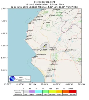 Mapa de aceleración teórica del sismo de magnitud 3.6 a 21 km al NO de Sullana, Sullana - Piura, Perú