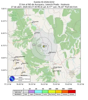 Mapa de aceleración teórica del sismo de magnitud 3.6 a 23 km al NO de Aucayacu, Leoncio Prado - Huánuco, Perú