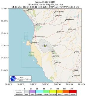 Mapa de aceleración teórica del sismo de magnitud 3.6 a 25 km al NO de La Tinguiña, Ica - Ica, Perú