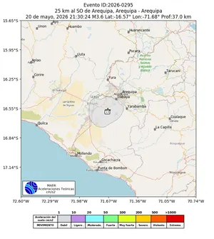 Mapa de aceleración teórica del sismo de magnitud 3.6 a 25 km al SO de Arequipa, Arequipa - Arequipa, Perú