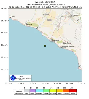 Mapa de aceleración teórica del sismo de magnitud 3.6 a 25 km al SO de Mollendo, Islay - Arequipa, Perú