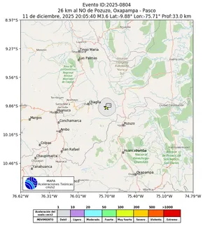 Mapa de aceleración teórica del sismo de magnitud 3.6 a 26 km al NO de Pozuzo, Oxapampa - Pasco, Perú