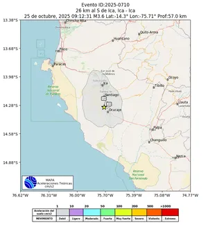 Mapa de aceleración teórica del sismo de magnitud 3.6 a 26 km al S de Ica, Ica - Ica, Perú