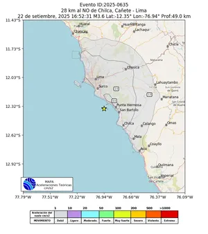 Mapa de aceleración teórica del sismo de magnitud 3.6 a 28 km al NO de Chilca, Cañete - Lima, Perú