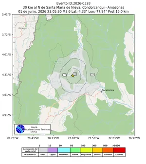 Mapa de aceleración teórica del sismo de magnitud 3.6 a 30 km al N de Santa María de Nieva, Condorcanqui - Amazonas, Perú