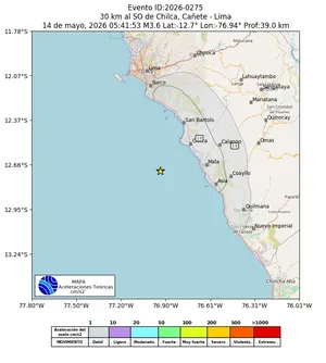 Mapa de aceleración teórica del sismo de magnitud 3.6 a 30 km al SO de Chilca, Cañete - Lima, Perú
