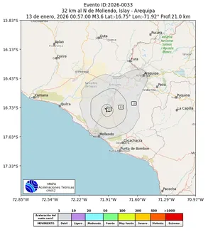 Mapa de aceleración teórica del sismo de magnitud 3.6 a 32 km al N de Mollendo, Islay - Arequipa, Perú