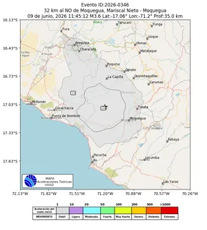 Mapa de aceleración teórica del sismo de magnitud 3.6 a 32 km al NO de Moquegua, Mariscal Nieto - Moquegua, Perú