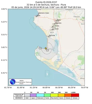 Mapa de aceleración teórica del sismo de magnitud 3.6 a 32 km al S de Sechura, Sechura - Piura, Perú