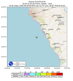 Mapa de aceleración teórica del sismo de magnitud 3.6 a 32 km al SO de Chilca, Cañete - Lima, Perú