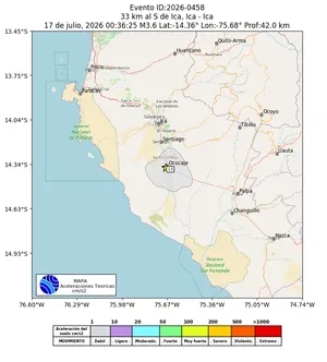 Mapa de aceleración teórica del sismo de magnitud 3.6 a 33 km al S de Ica, Ica - Ica, Perú